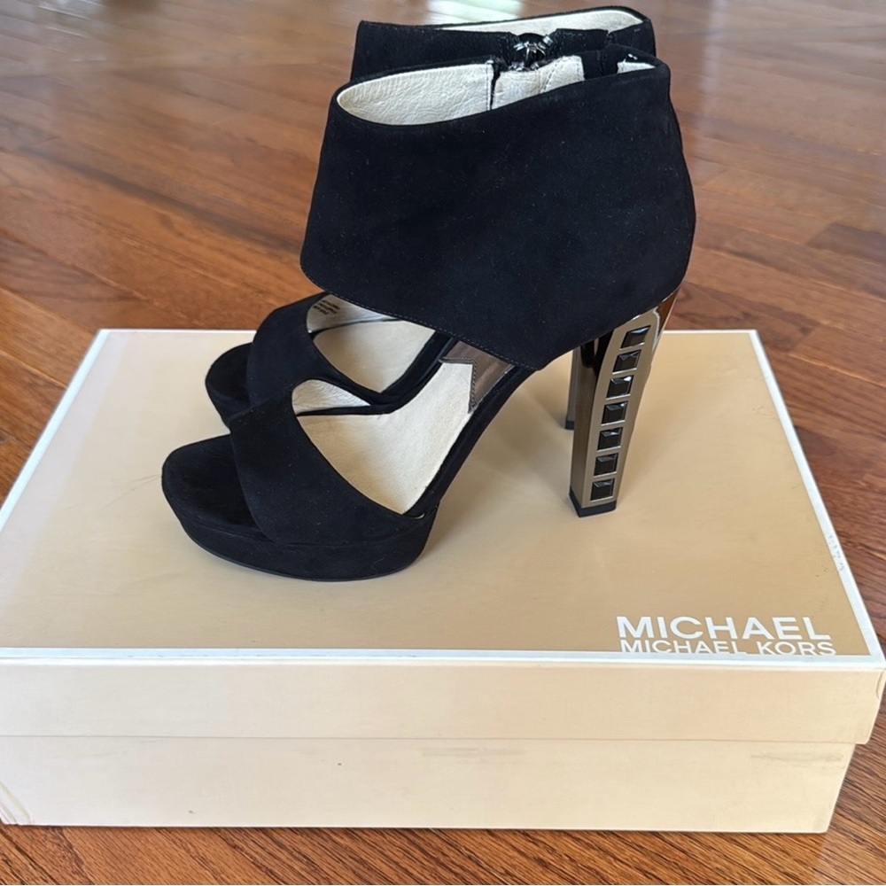 Michael Kors Black Suede Open-Toe Heels, Size 7.5, 4-1/2” heel & 3/4” platform